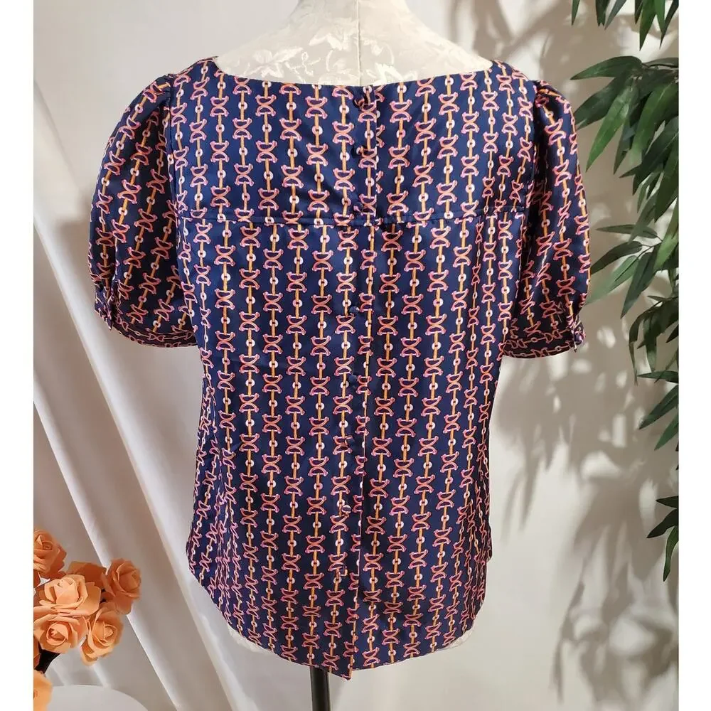 Lilly Pulitzer Lil Bit Equestrian Print Silk Ruffle Blouse Sz 14 Blue Pink Horse